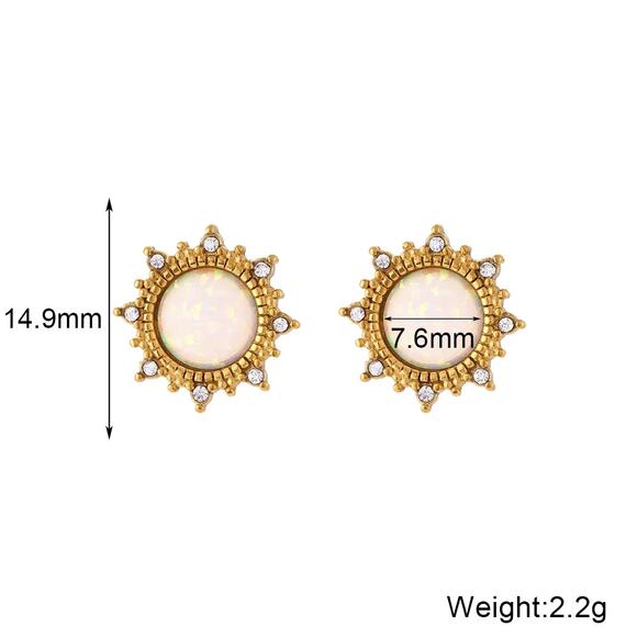 White Opal Sun Stud‎ Earrings 18K Gold Plated Stainless Steel - Picture 7 of 7